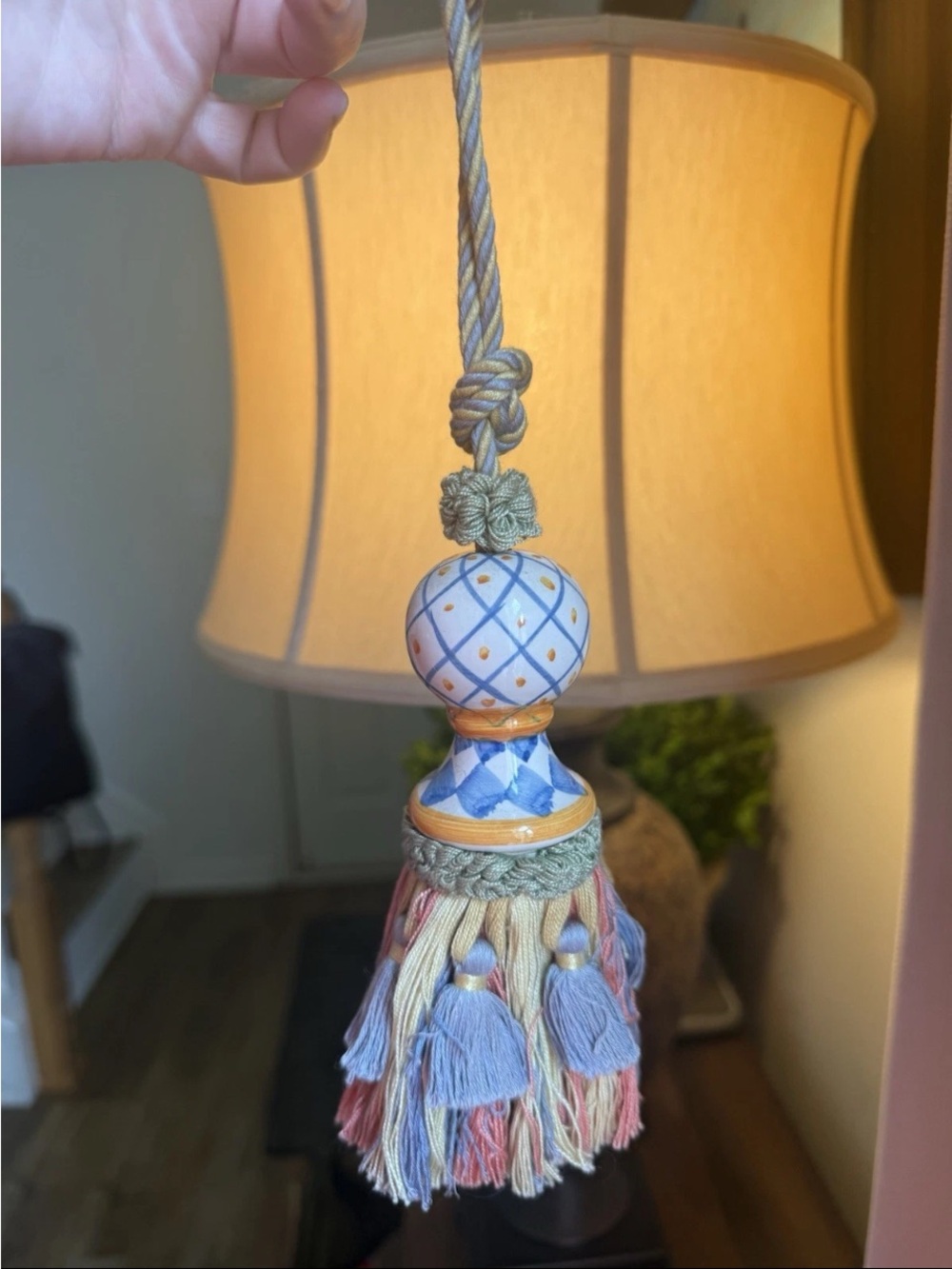 MacKenzie-Childs Blue, Pink and Cream Tassel Pendant